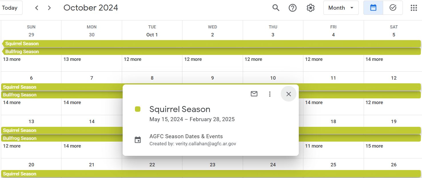 google calendar of Arkansas hunting seasons