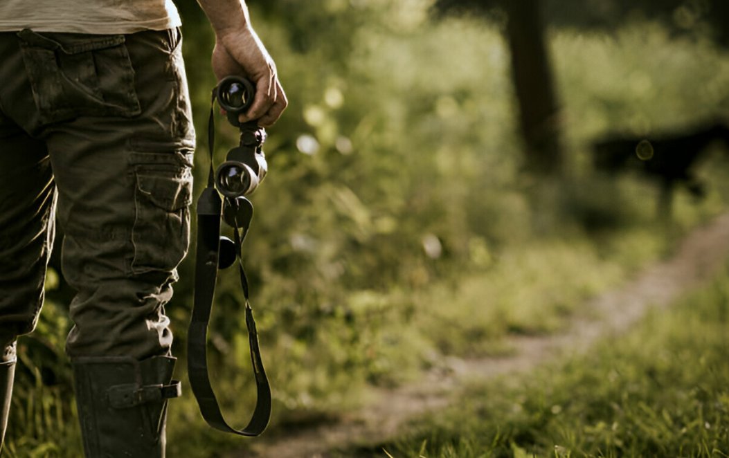 a man wear a hunting bib and hold a binoculars in the wild