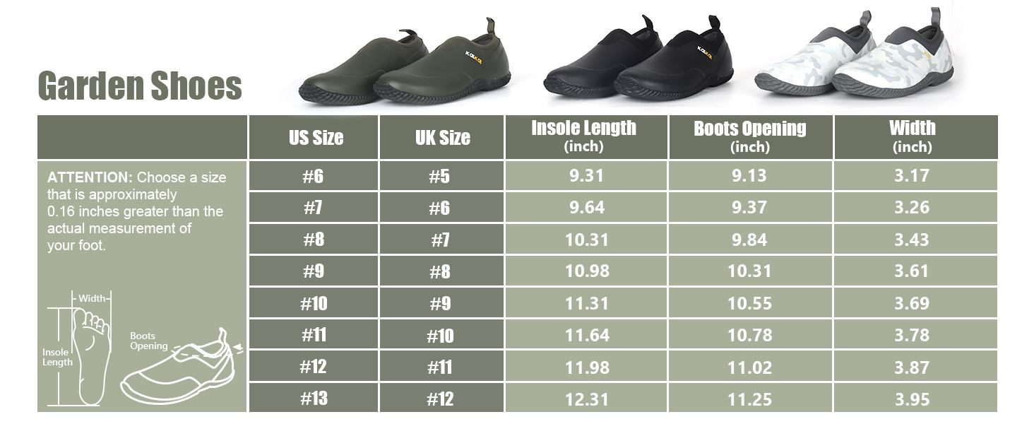 mens garden boots size chart