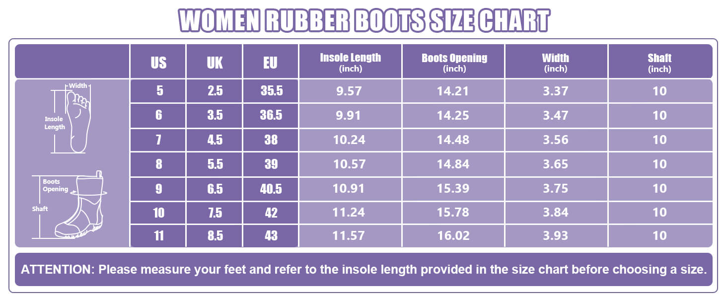 Women Garden Boot Size Chart